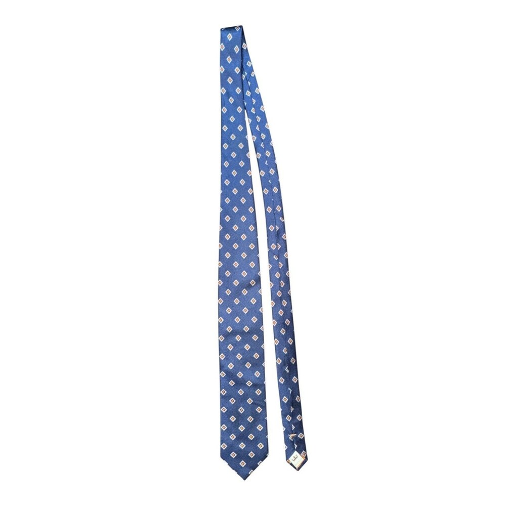 Peter Millar Men’s 100% Silk Tie Blue Orange Geometric Print Hand Folded *READ*